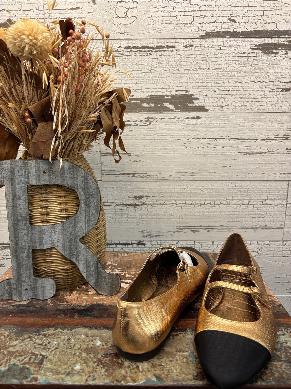 Jeffrey Campbell Metallic Gold Ballet Flats with Black Cap Toe